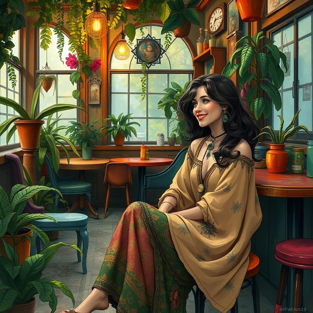 Warm Bohemian Cafe Scene in Whimsical Style