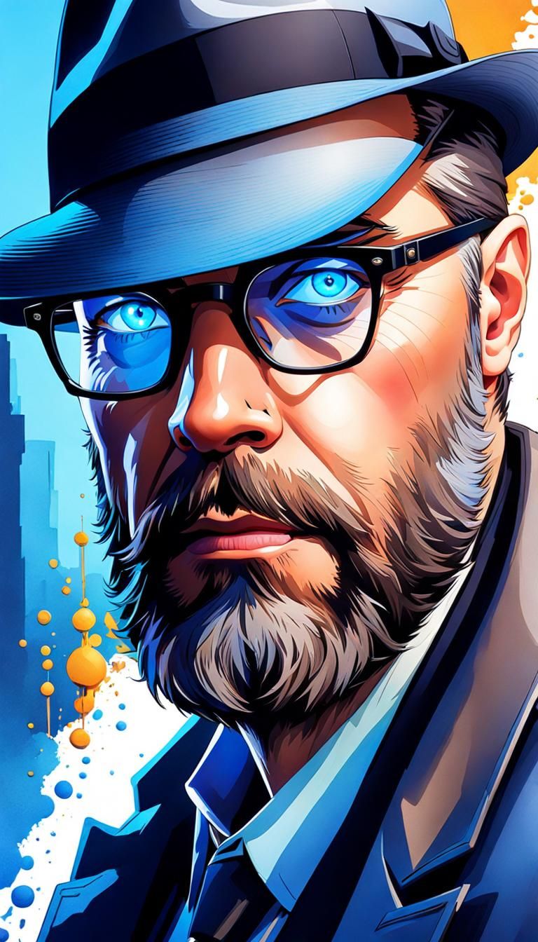 Cartoon Detective in Watercolor Splash Art