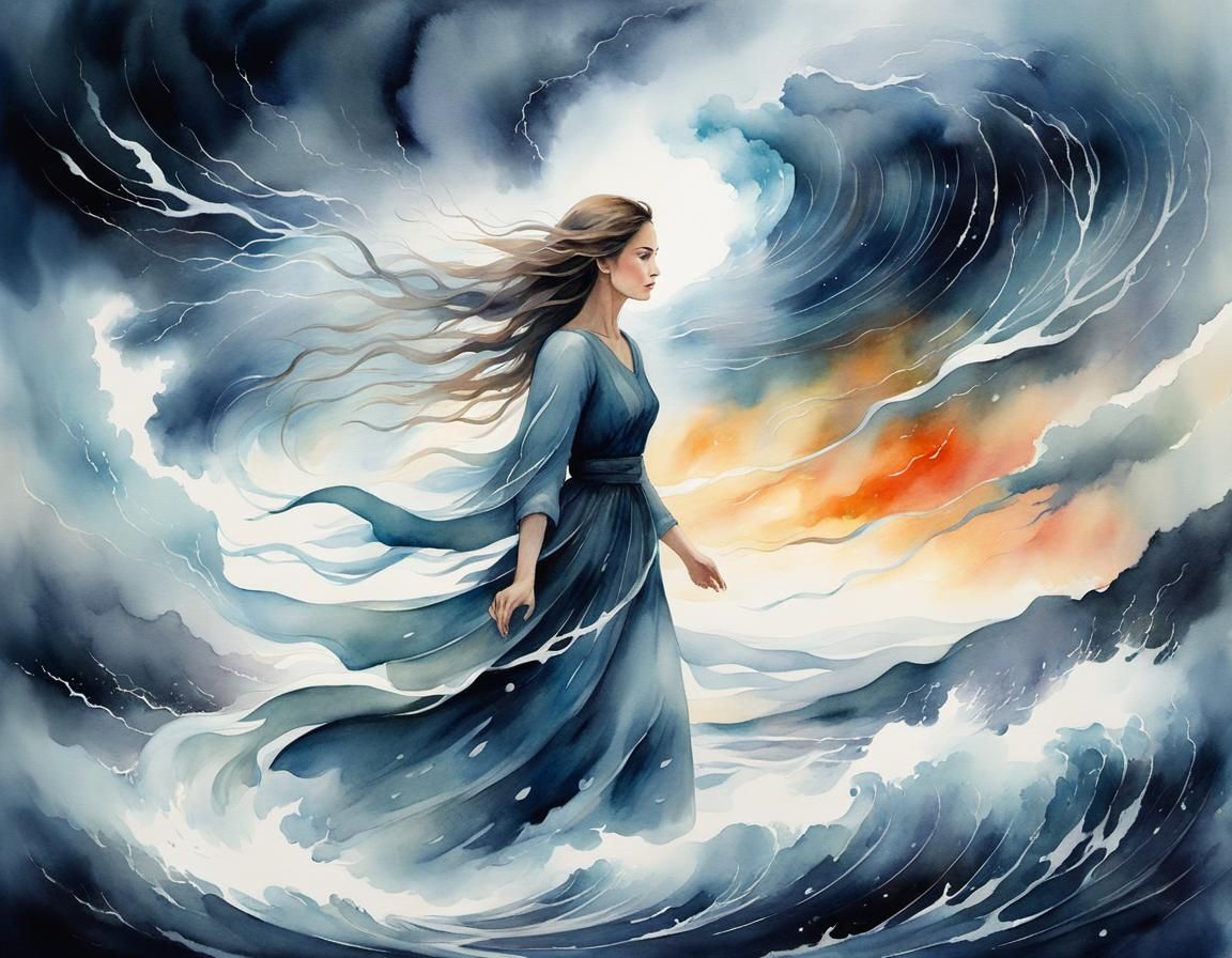Woman Navigating Storm in Dreamlike Watercolor Landscape
