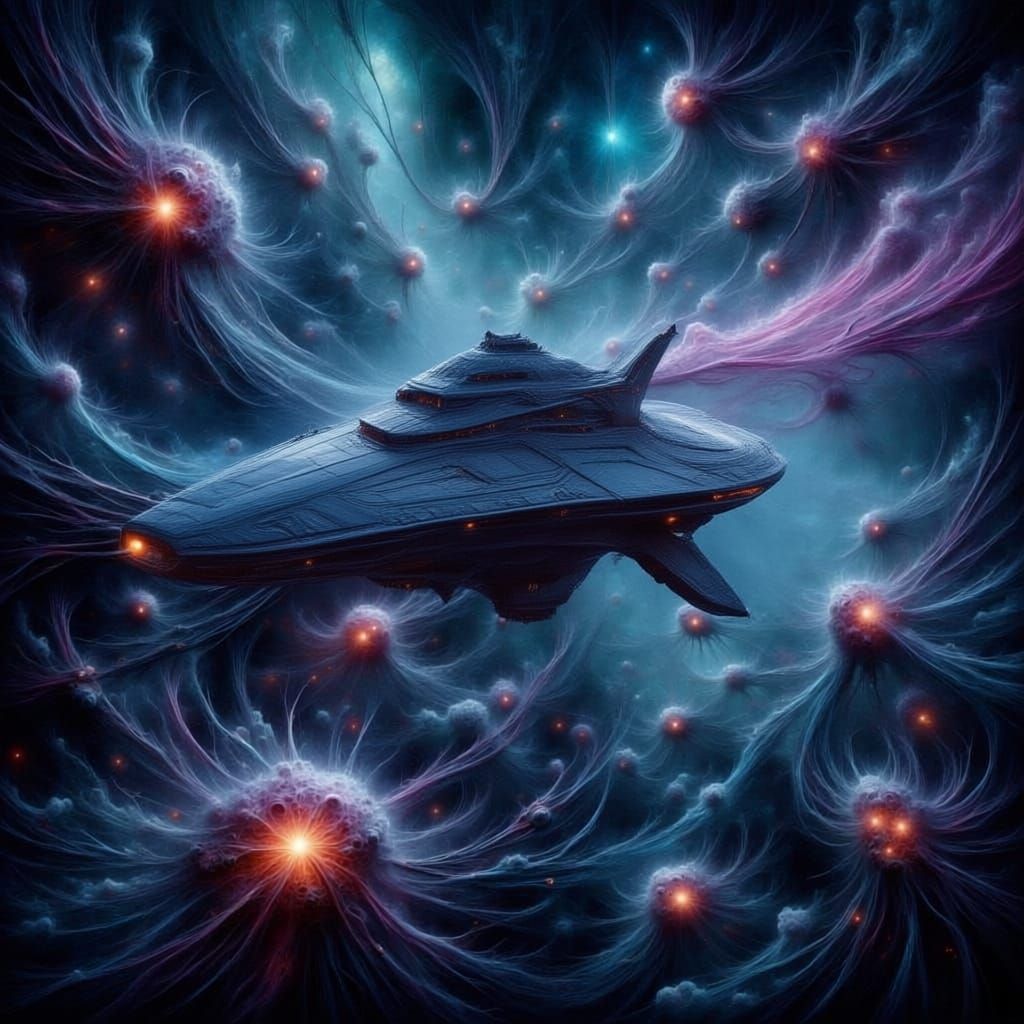 Spaceship and Space Jellyfish in Cosmic Nebula