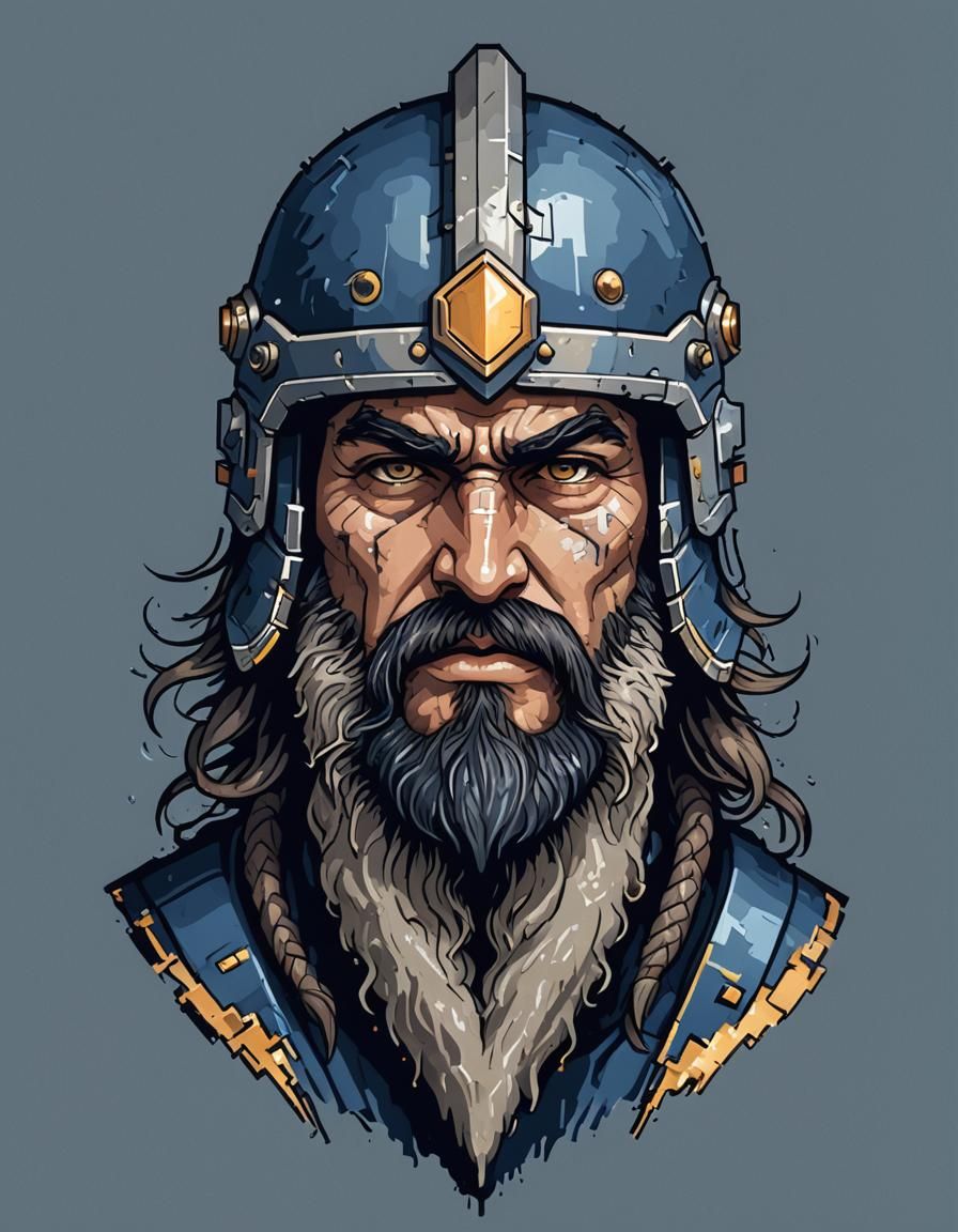 Pixel Art Warrior with Metallic Helmet