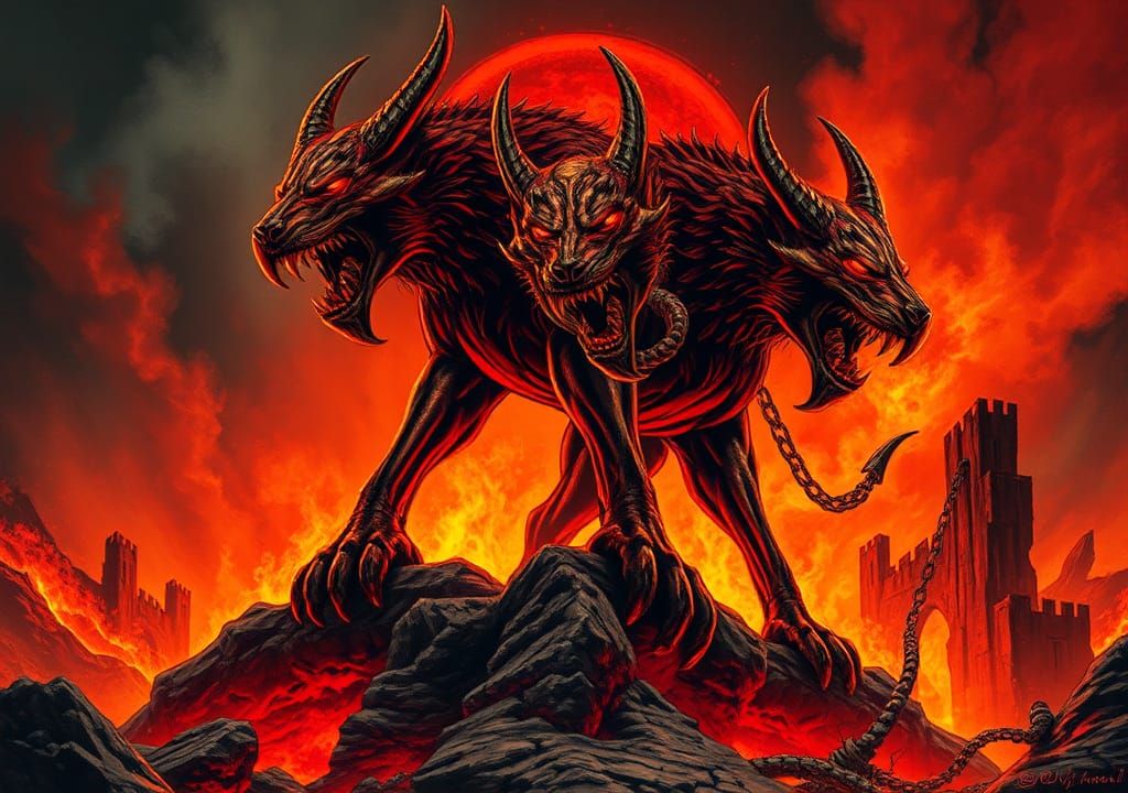 Cerberus: Hellhound Guardian in Gothic Fantasy Style