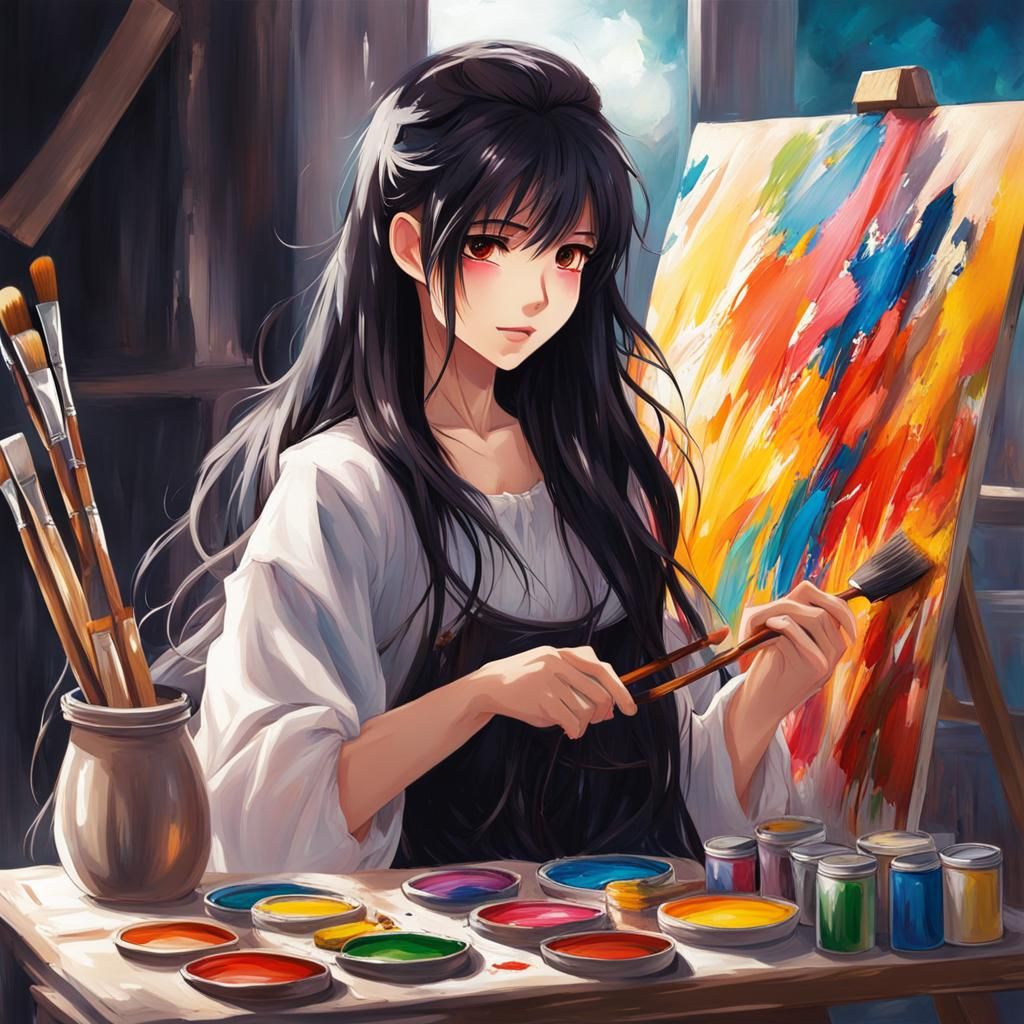 Anime Girl Painting with a Messy Brush