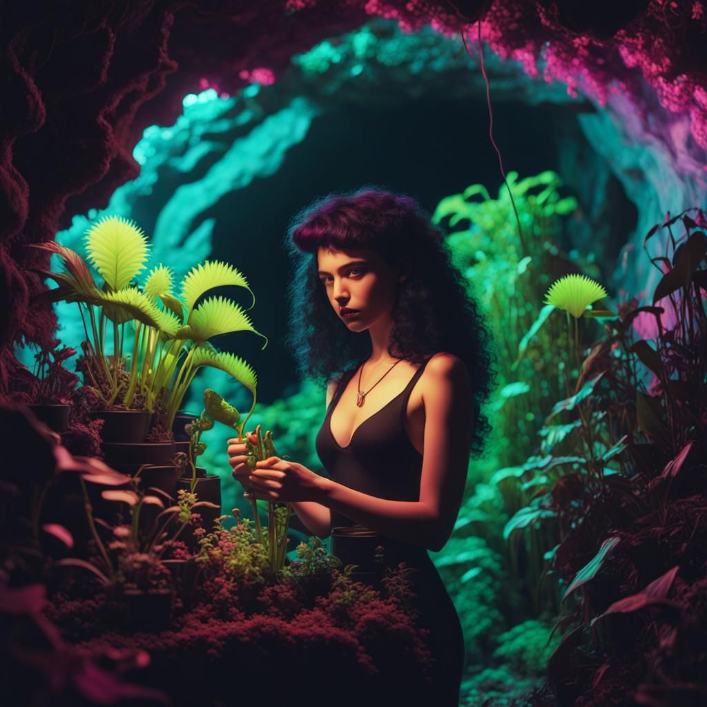 Venus Flytrap Lab with Witchy Woman in Synthwave Style