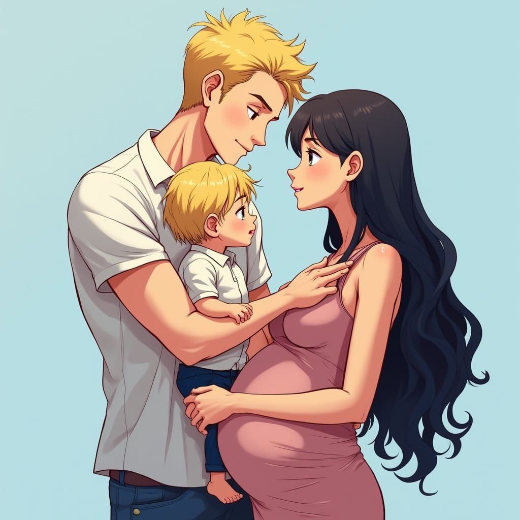 Blonde Family Scene in Anime Style