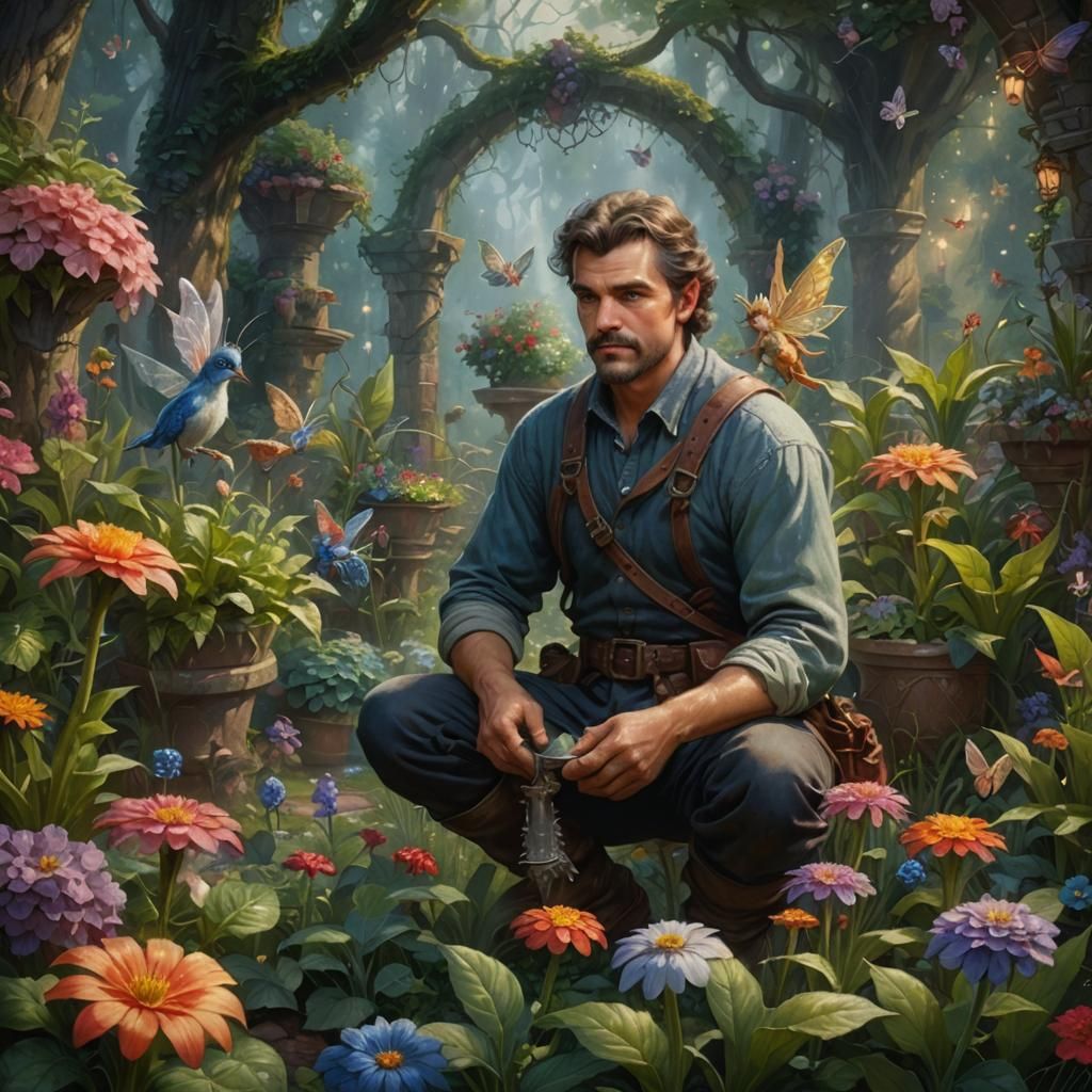 Slavic Gardener with Fairies in Ethereal Fantasy