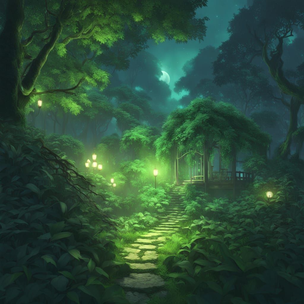 Anime Dryad Girl Basks in Nocturnal Ambiance