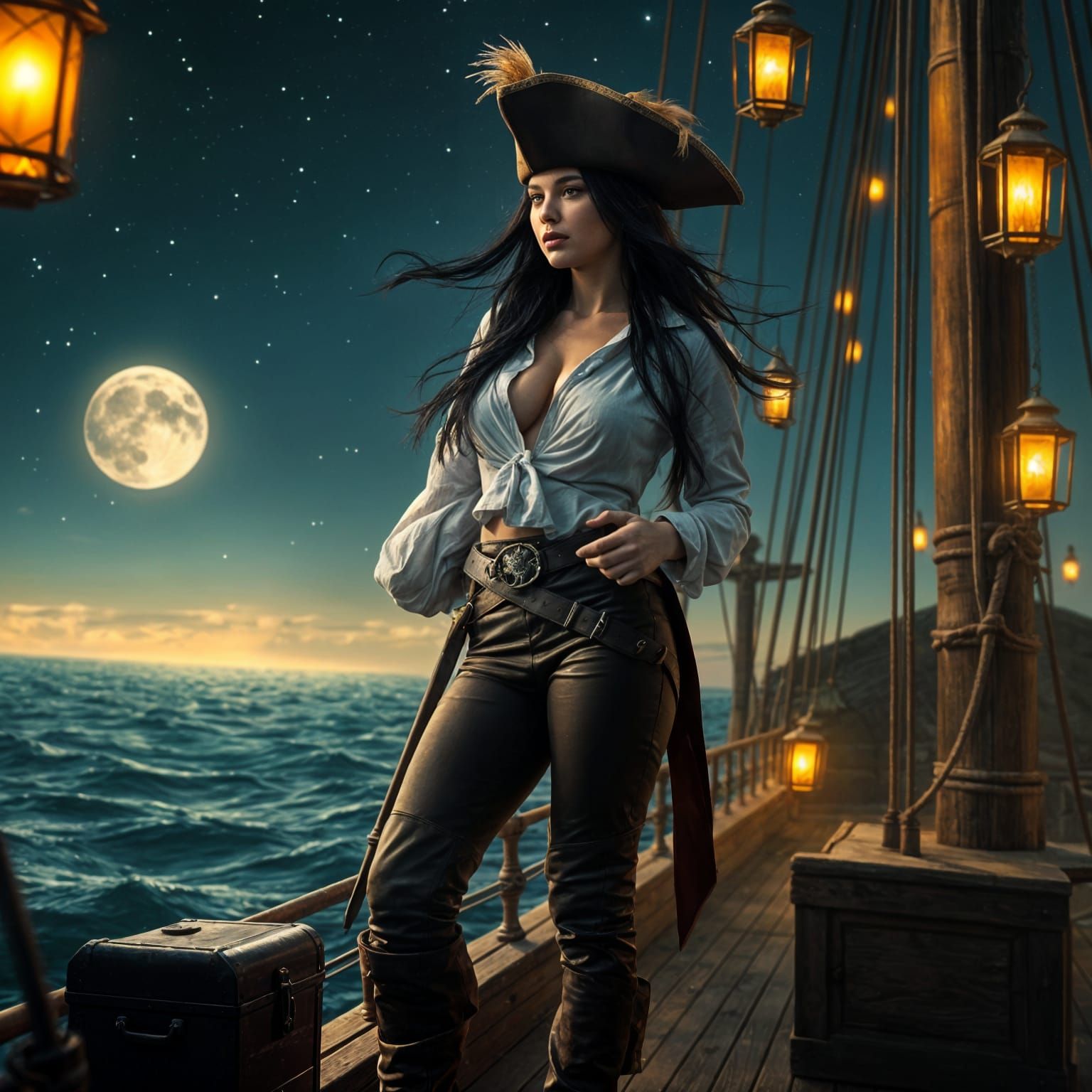 The Pirate Queen on deck to enjoy the cool nightbreeze