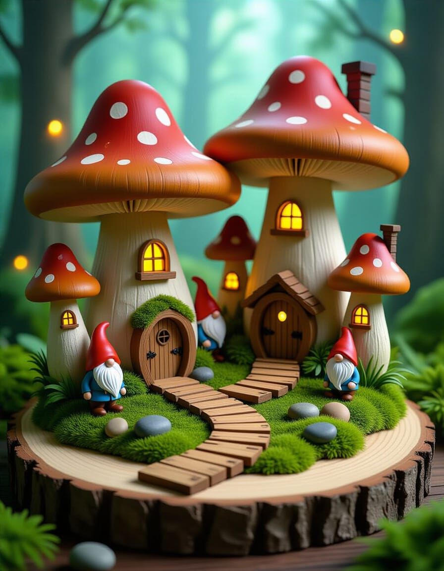 Whimsical Mushroom Village with Gnome Houses