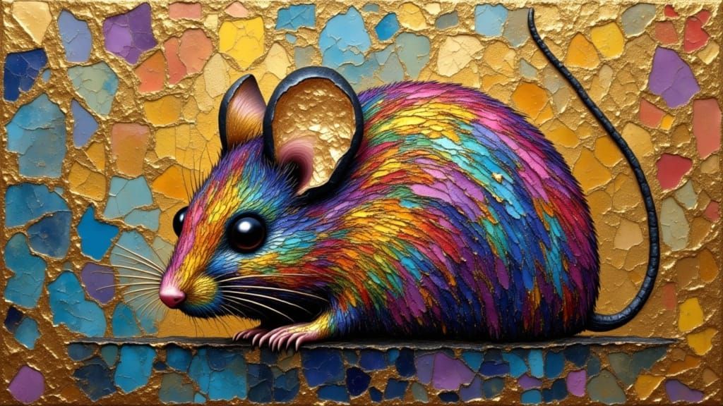 Rainbow Mouse with Gold Eyes in Cracked Impasto Style