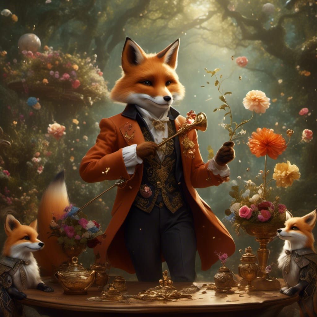 Anthropomorphic Fox with Puppies in Gainsborough Style