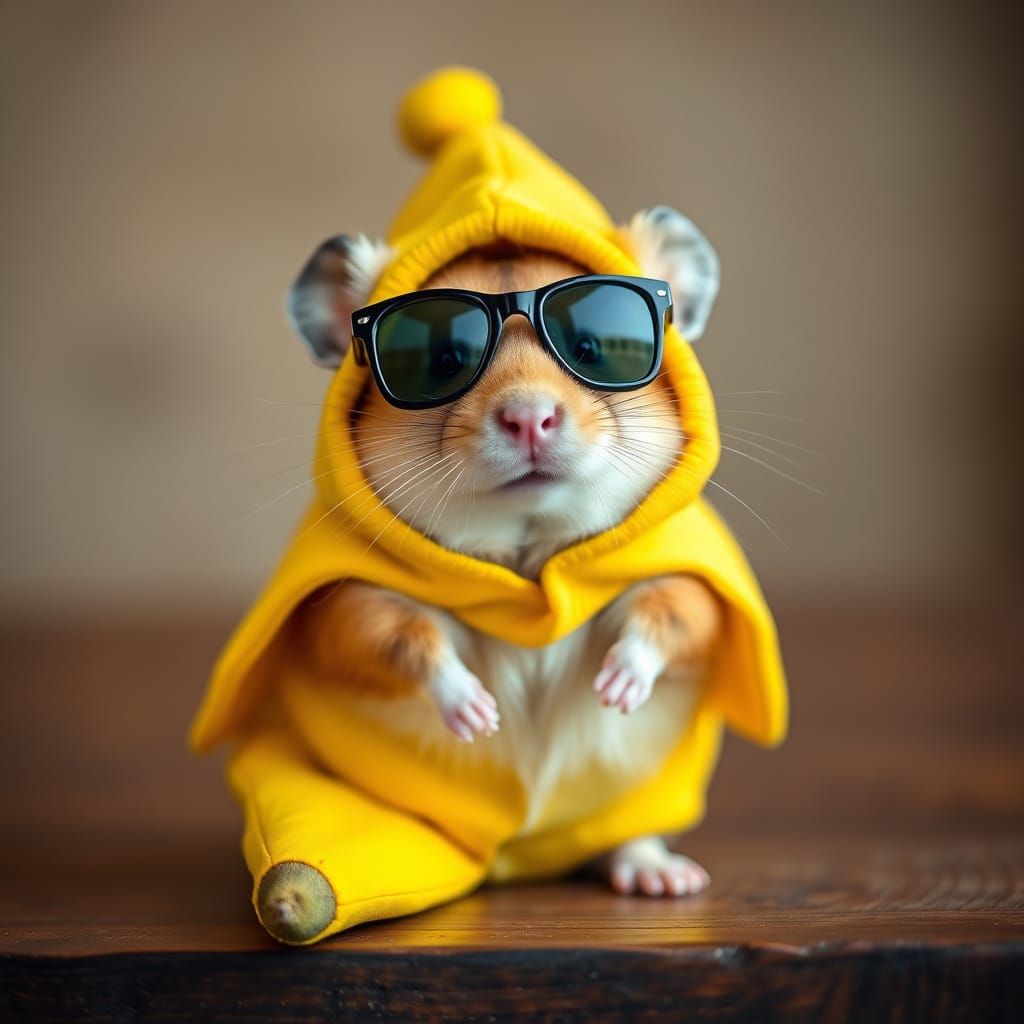 Hamster in Banana Costume with Sunglasses