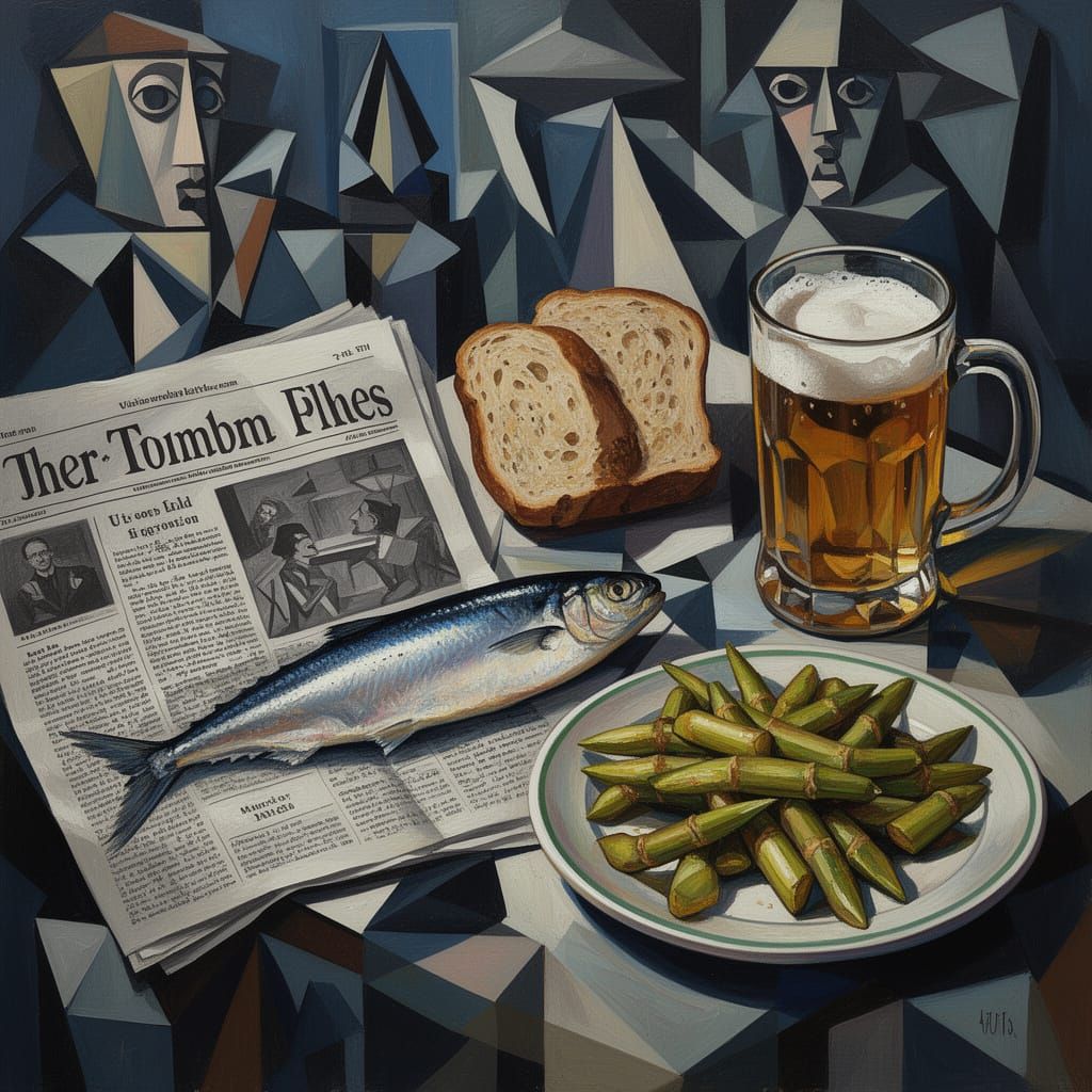 Cubist Still Life With Beer and Herring
