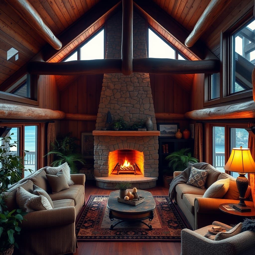 Cozy Cabin Interior with Ocean View
