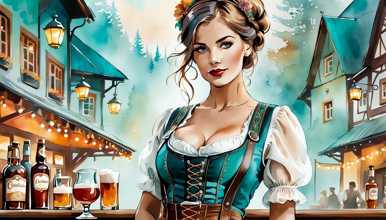 Minimalist Sketch of Bar Wench at Oktoberfest