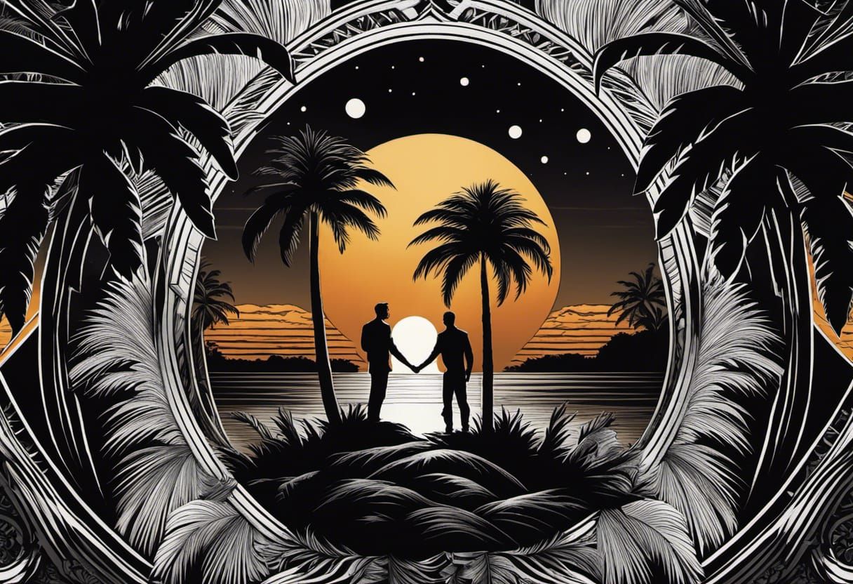 Ink Drawing of Two Lovers Under the Moon