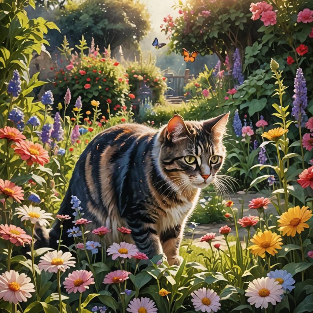 Cat in Sunny Flower Garden: Watercolor Painting