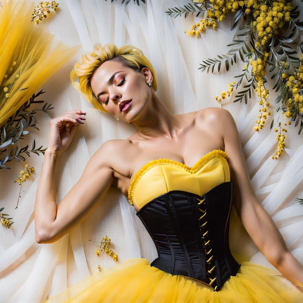 Woman in Yellow Tulle Dress Surrounded by Wattle
