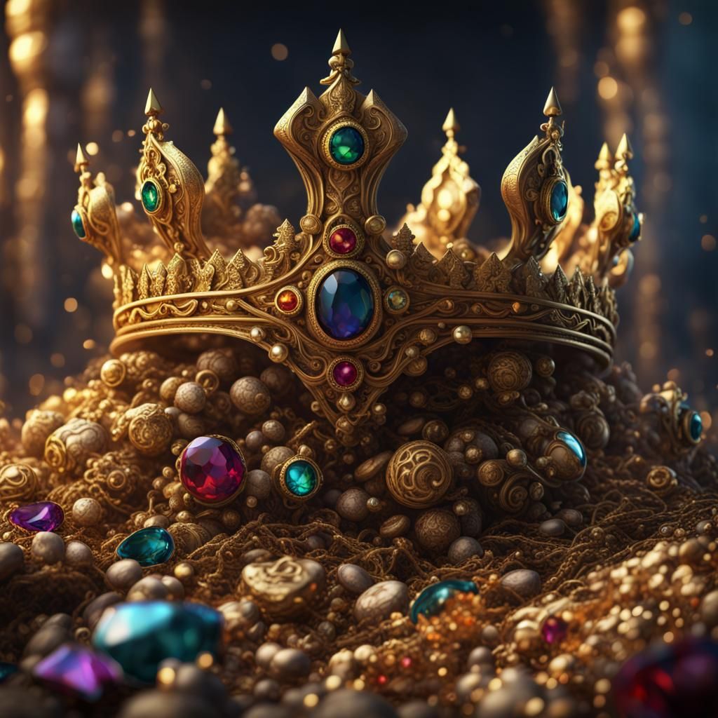 Crown Jewels on Gold Treasure Pile
