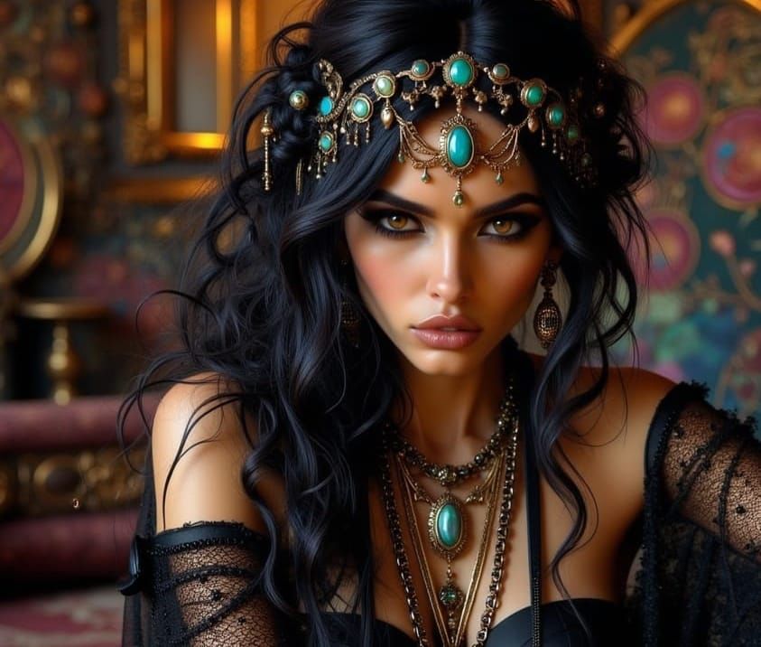 Glamorous Art Nouveau Temple Girl in Moody Closeup