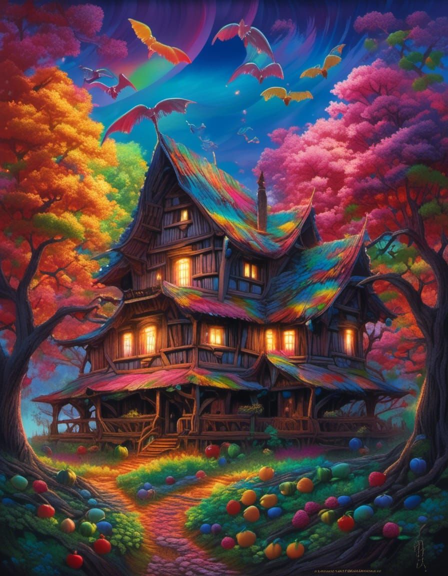 Photoluminescent Cottage Among Magical Rainbow Trees
