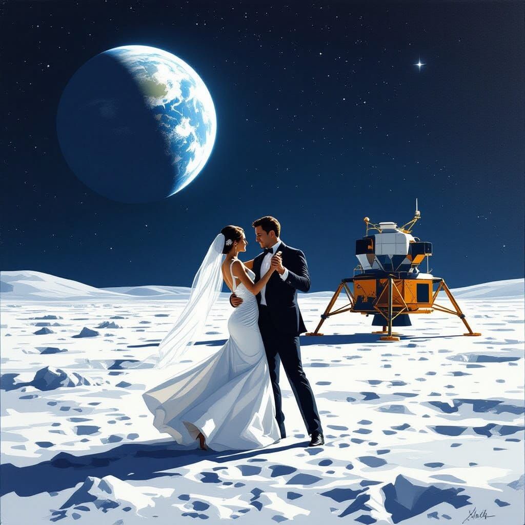 Cosmic Ballroom: Elegant Couple Dances Under Lunar Skies