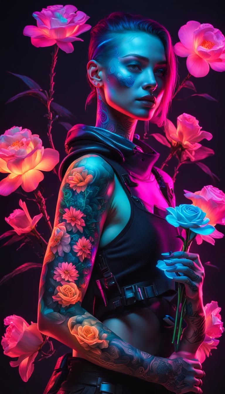 Cyberpunk Woman with Neon Tattoos and Glowing Eyes