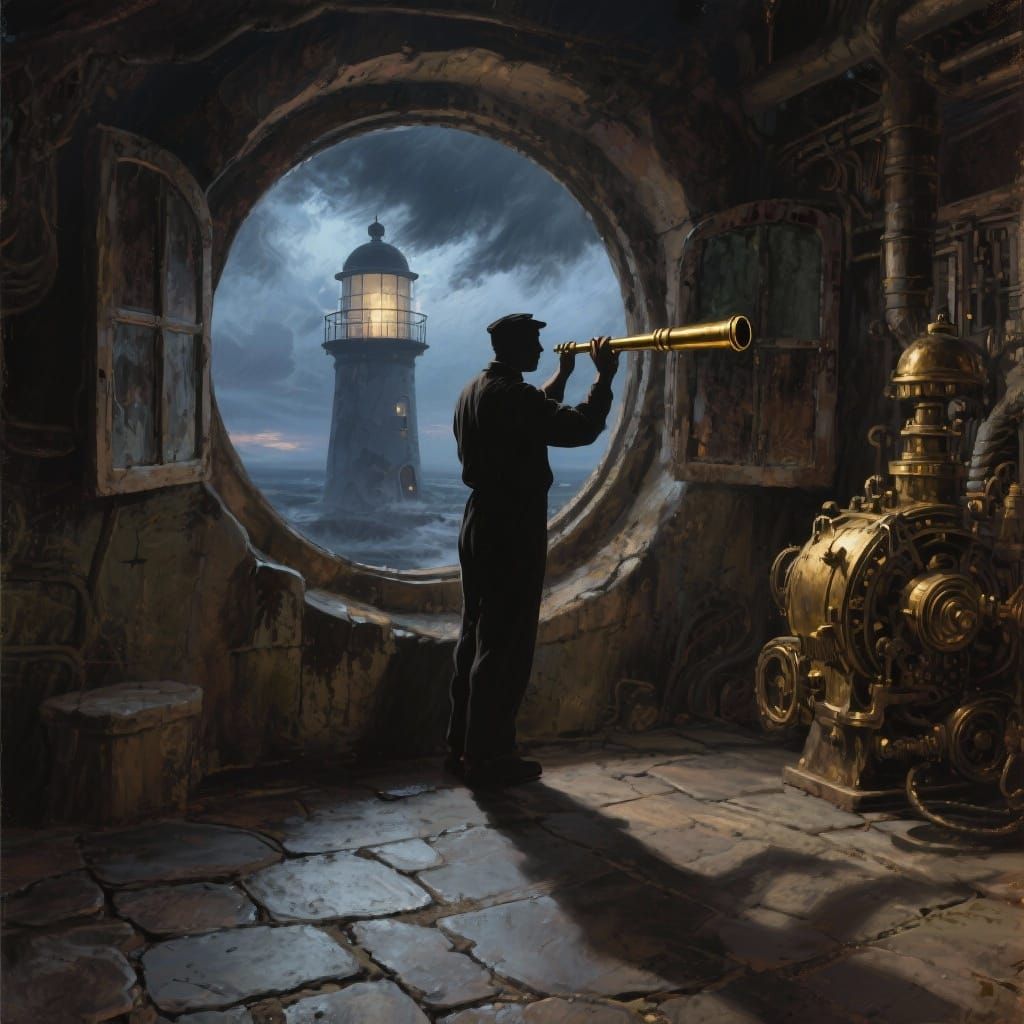 A solitary lighthouse keeper, silhouetted against a stormy, ...