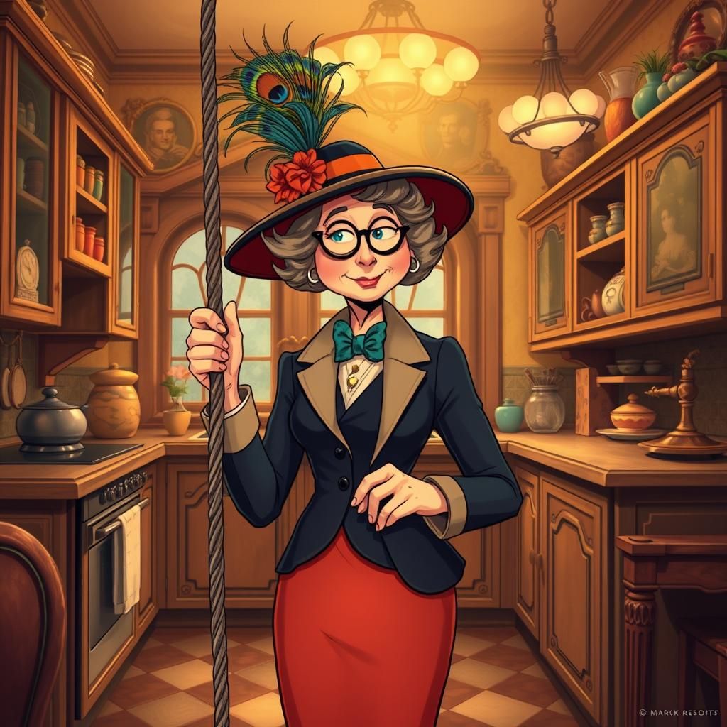 Elegant Widow with Rope: Whimsical Vintage Kitchen Scene