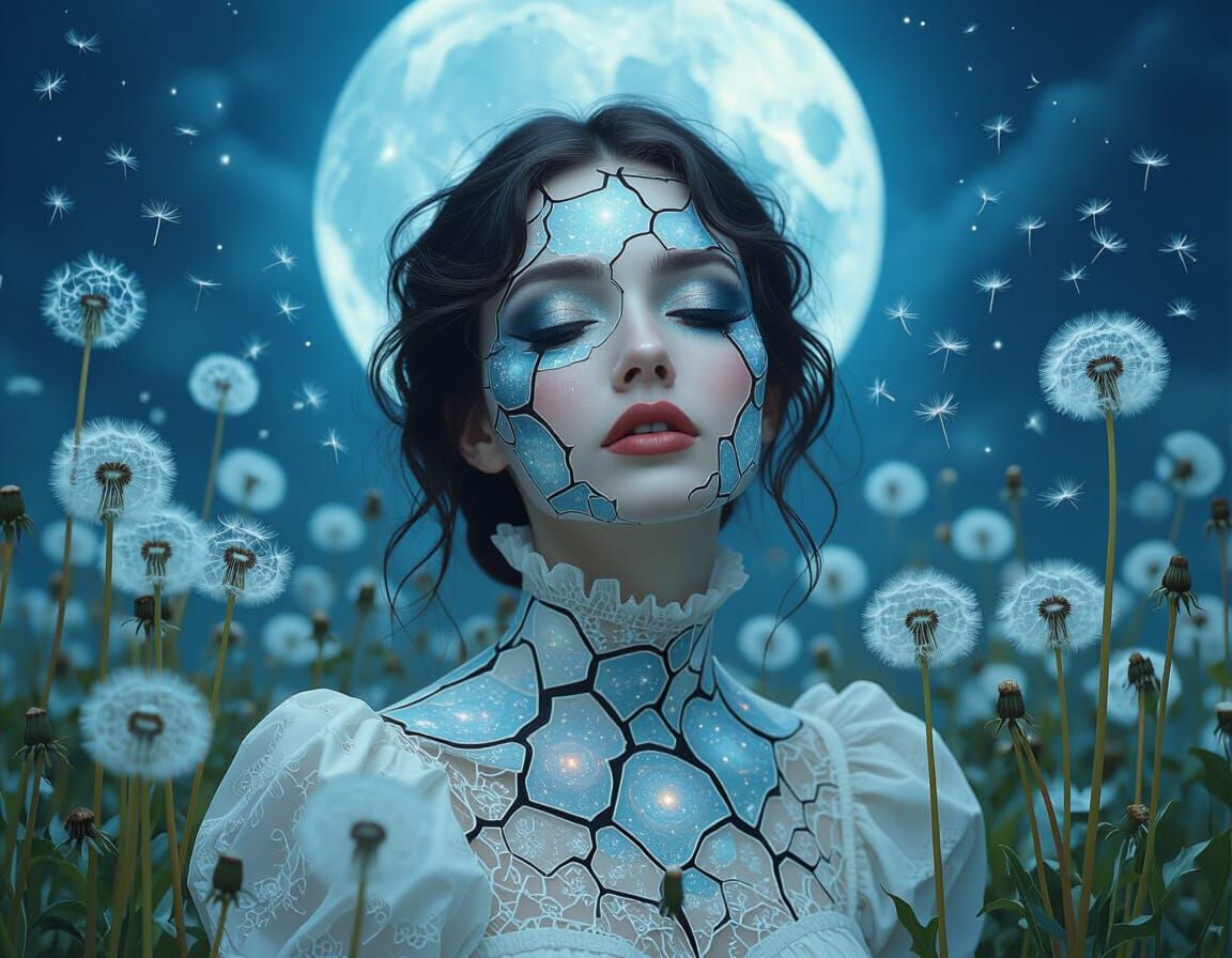 Galactic Porcelain Woman in Surrealist Field