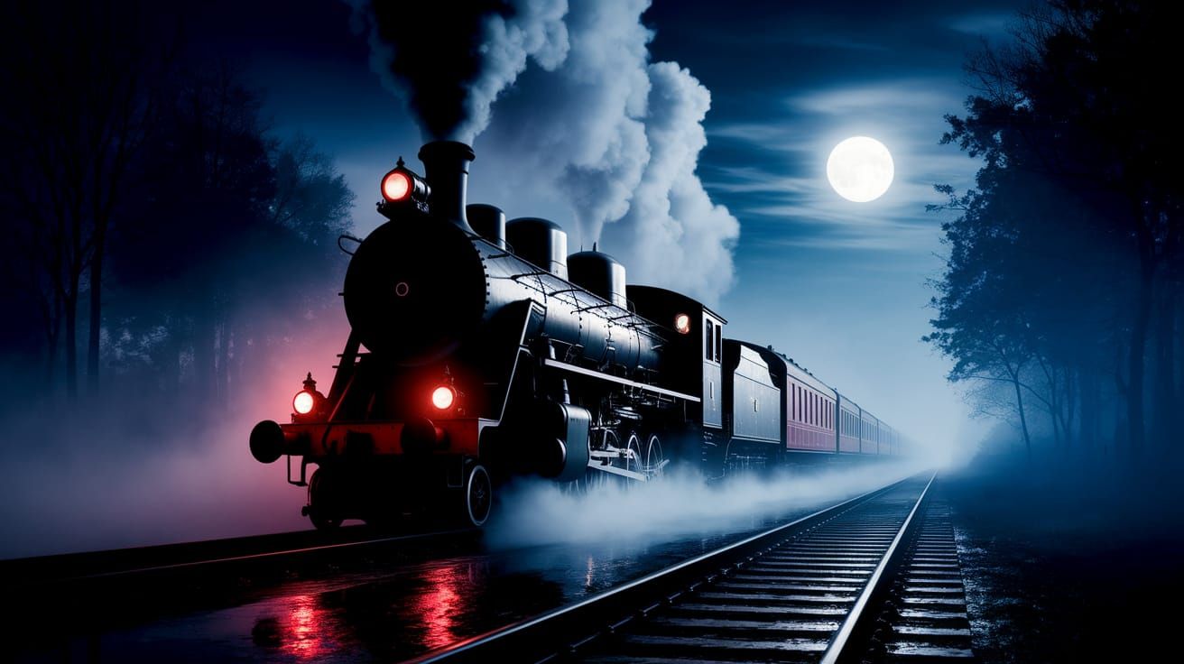 Moonlit Locomotive Blazes Through Misty Forest