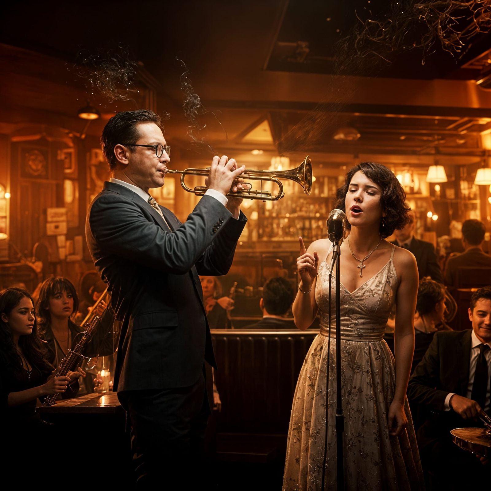 Trumpet Player and Singer in Smoky Expressionist Pub