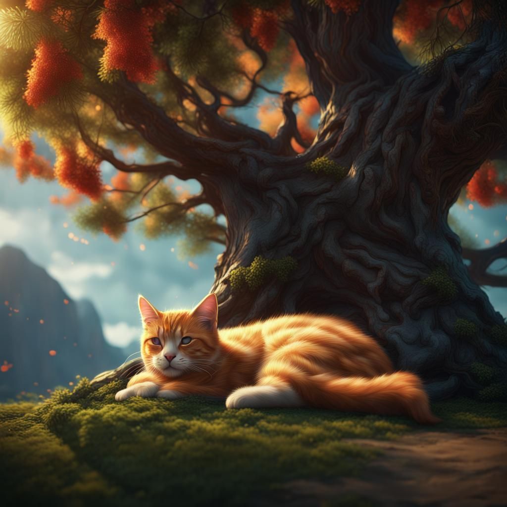 Cat Sleeping Under Tree: Detailed Matte Painting