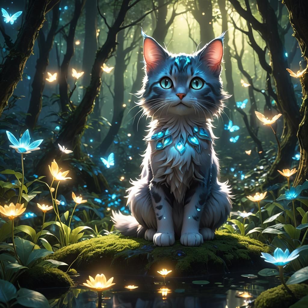 Enchanted Bioluminescent Forest Fairy Cat in Anime Style