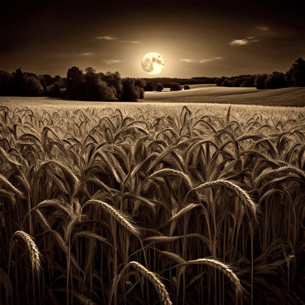 Autumn Wheat Field Under Harvest Moon - Detailed Photography
