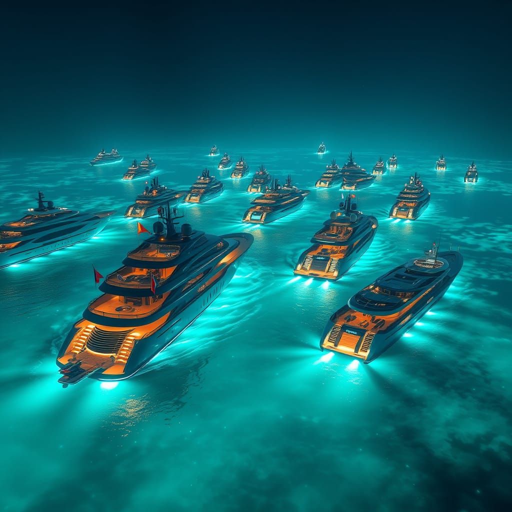 Superyachts Sailing Bioluminescent Bay in Futuristic Style