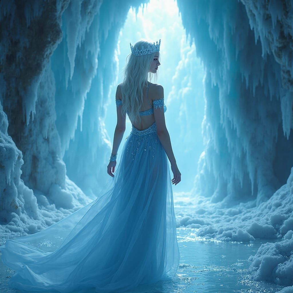 Digital Fantasy Ice Princess in Enchanted Crystal Chamber