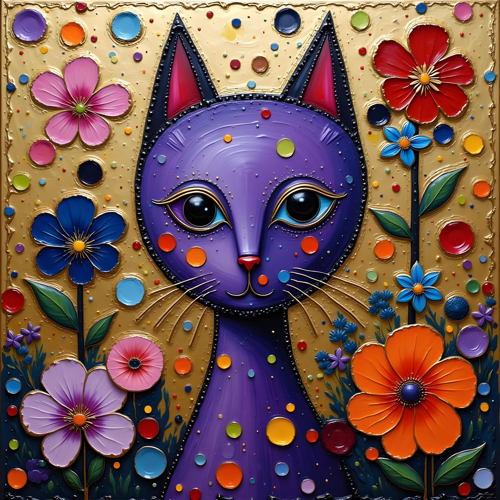 Purple Cat on Burlwood Assemblage Impasto Painting