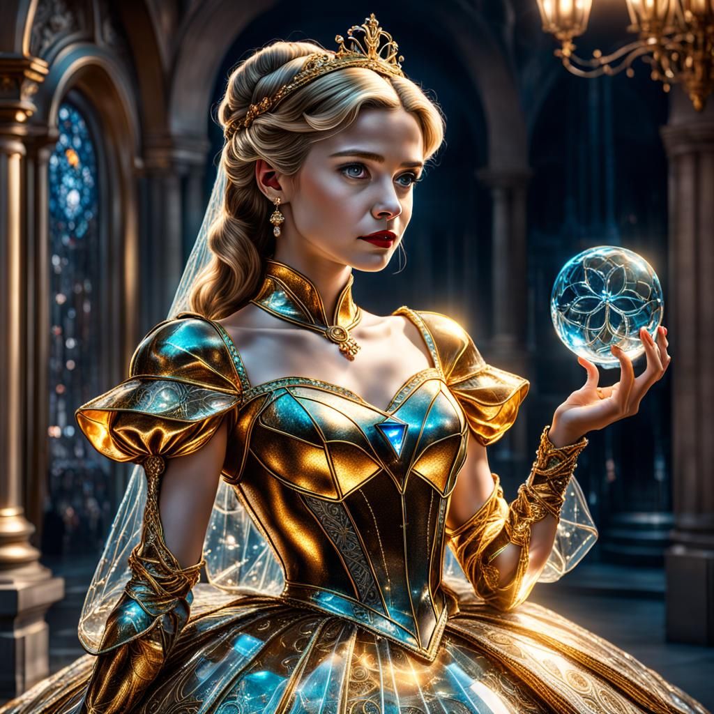 Hyperrealistic Cinderella in Glass Dress and Golden Tesla