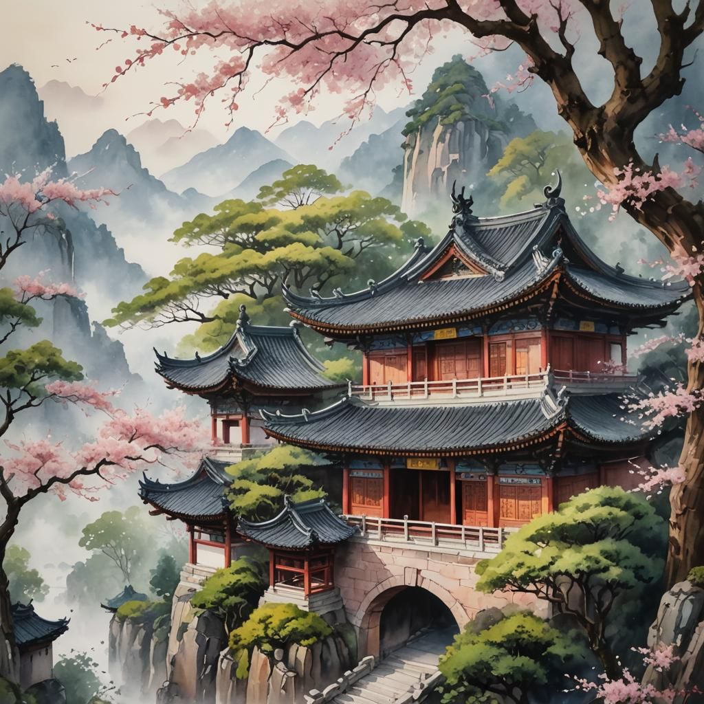 Chinese Temple in Lush Landscape: Watercolor Painting
