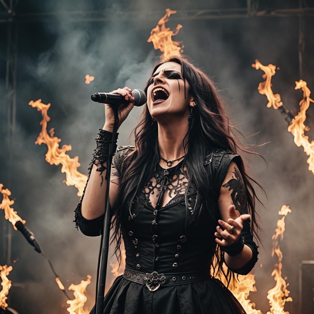 Gothic Metal Singer Performing on Burning Stage