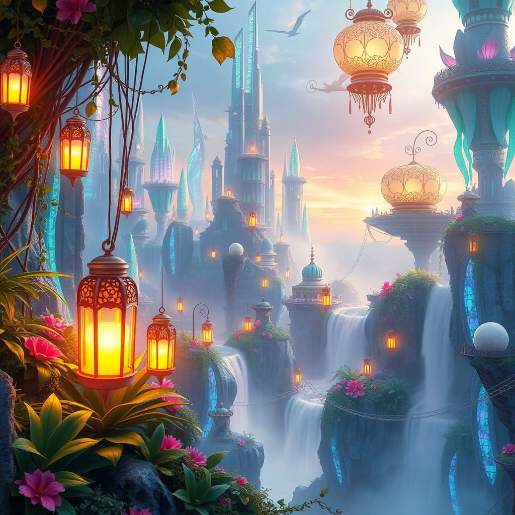 Whimsical Iridescent Cityscape in Vibrant Solarpunk Style