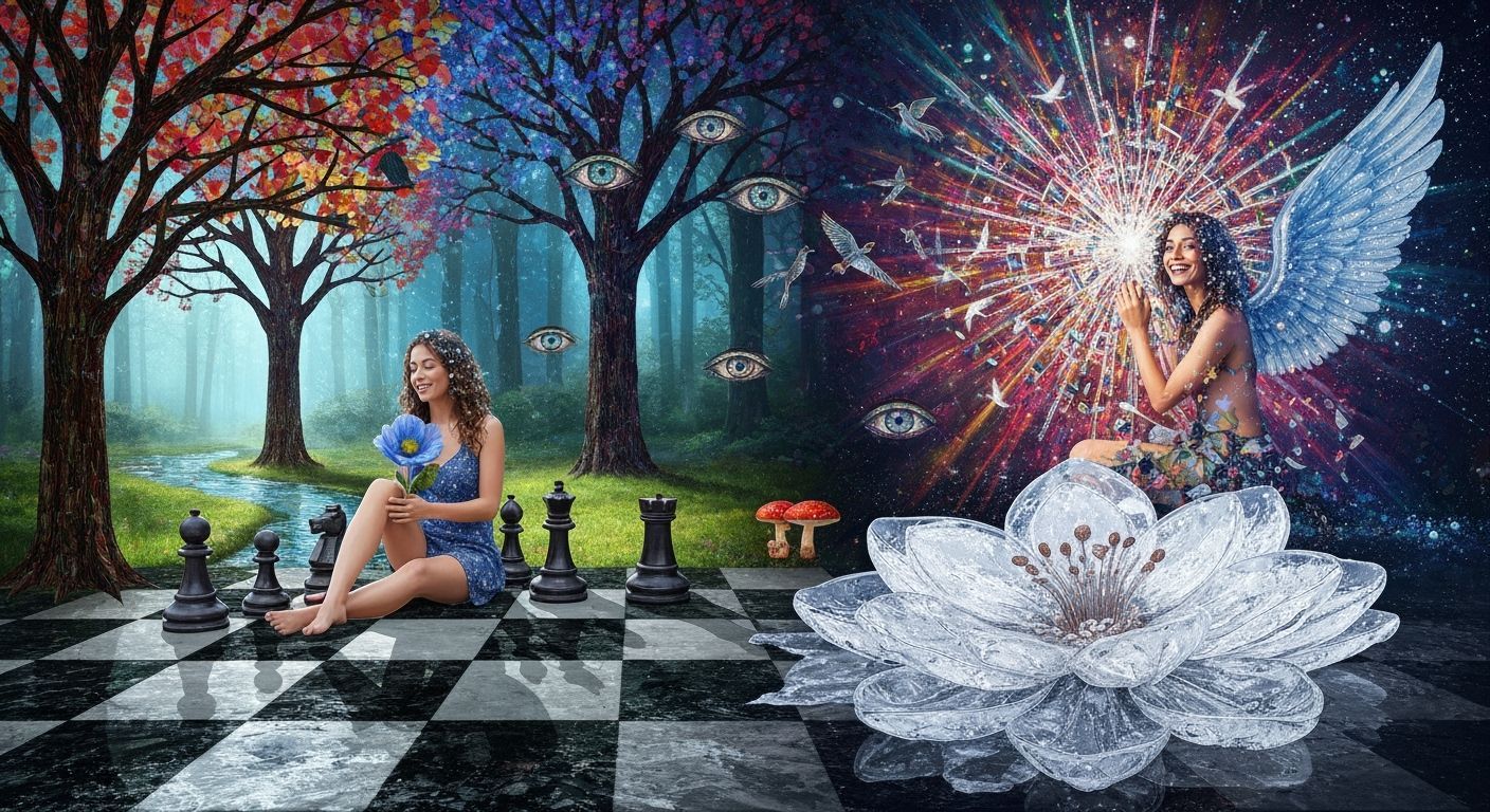 Stained Glass Forest Glade with Astral Sky and Angel of Memo...