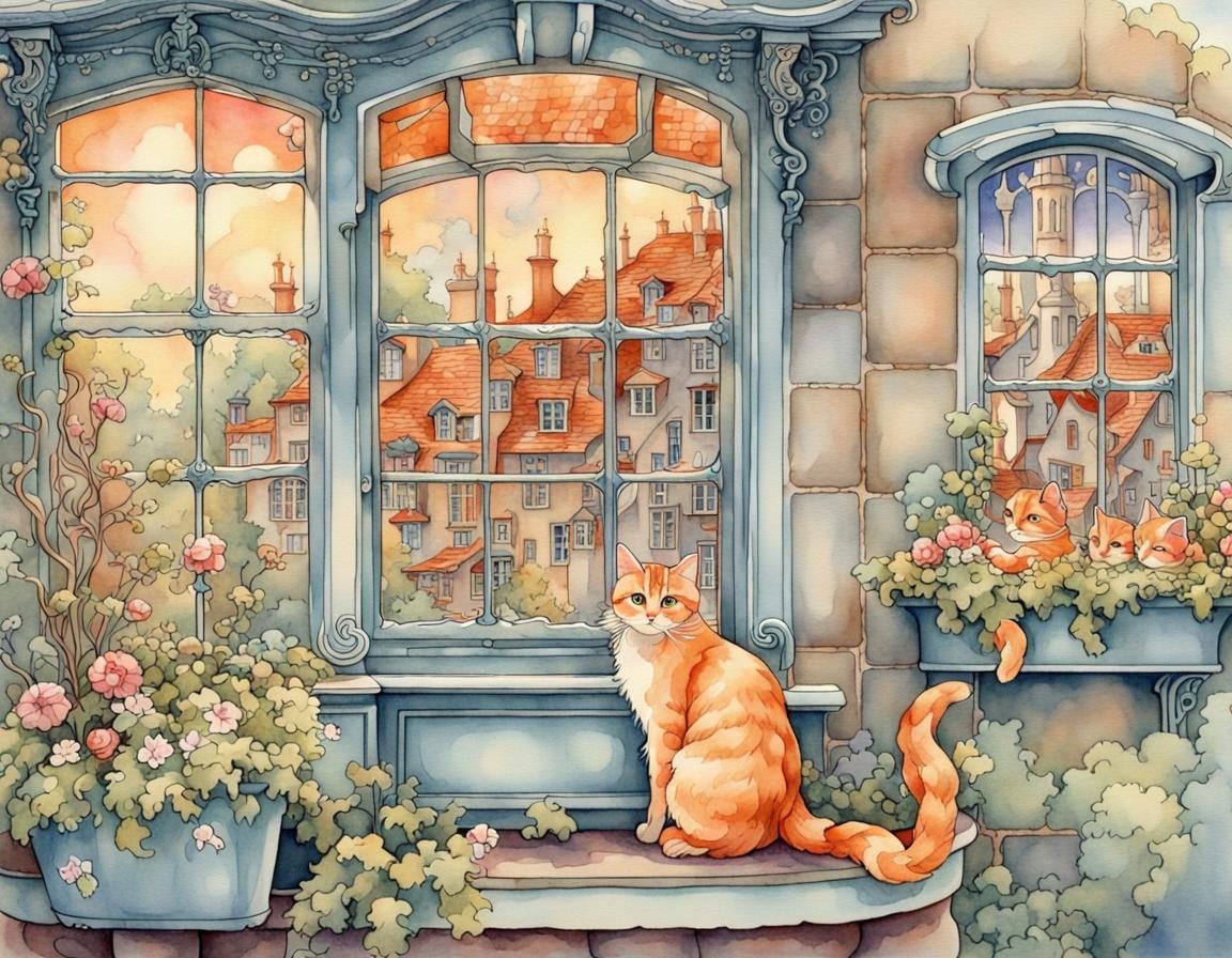 Whimsical Art Nouveau Village with Ghost Couples