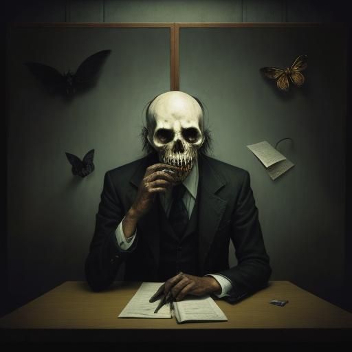 Surreal Gothic Office Scene: Man Eating Moths