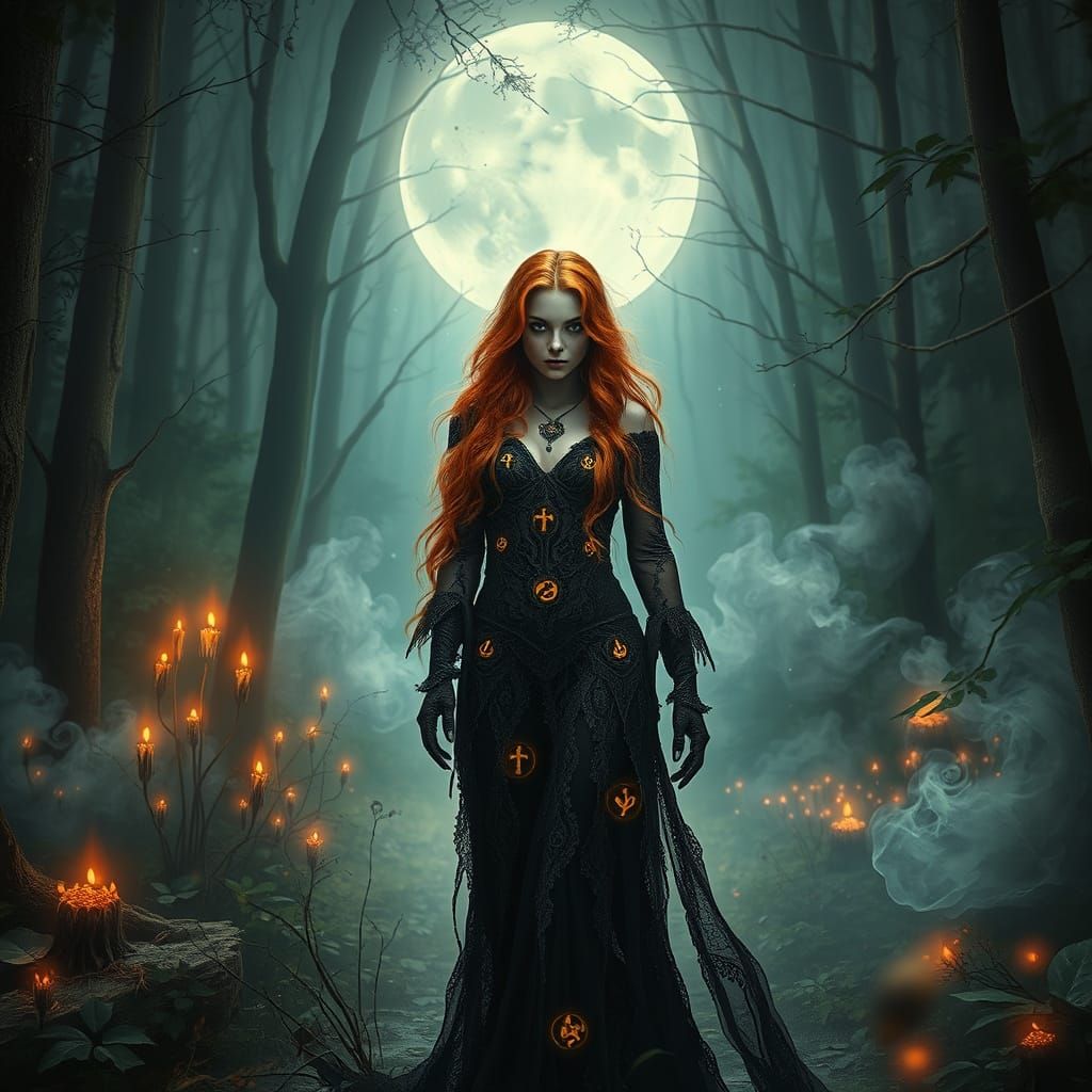 Enchanting Sorceress in Moonlit Forest, Fantasy Art