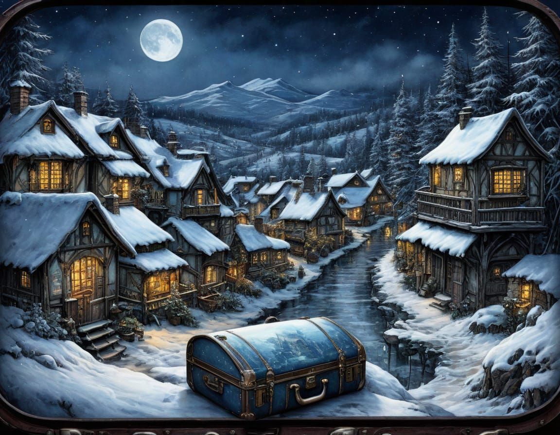 Enchanting Snowy Village in Vintage Suitcase Watercolor