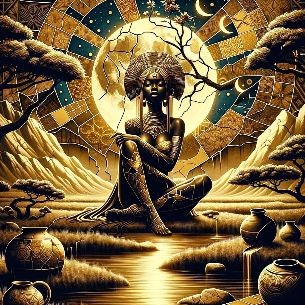 Golden Goddess Under Moonlit Kintsugi Skies