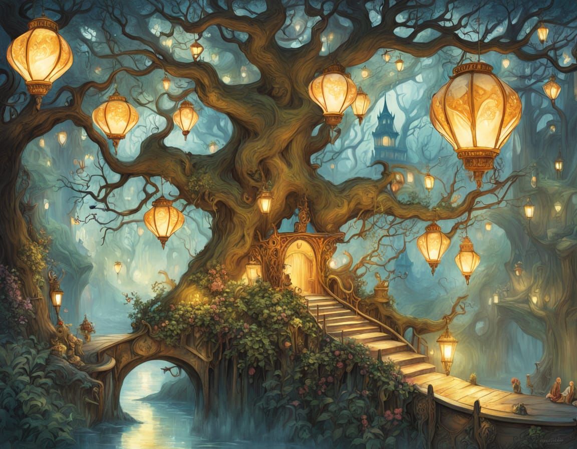 Elven Oak Tree City: Whimsical Fantasy Illustration
