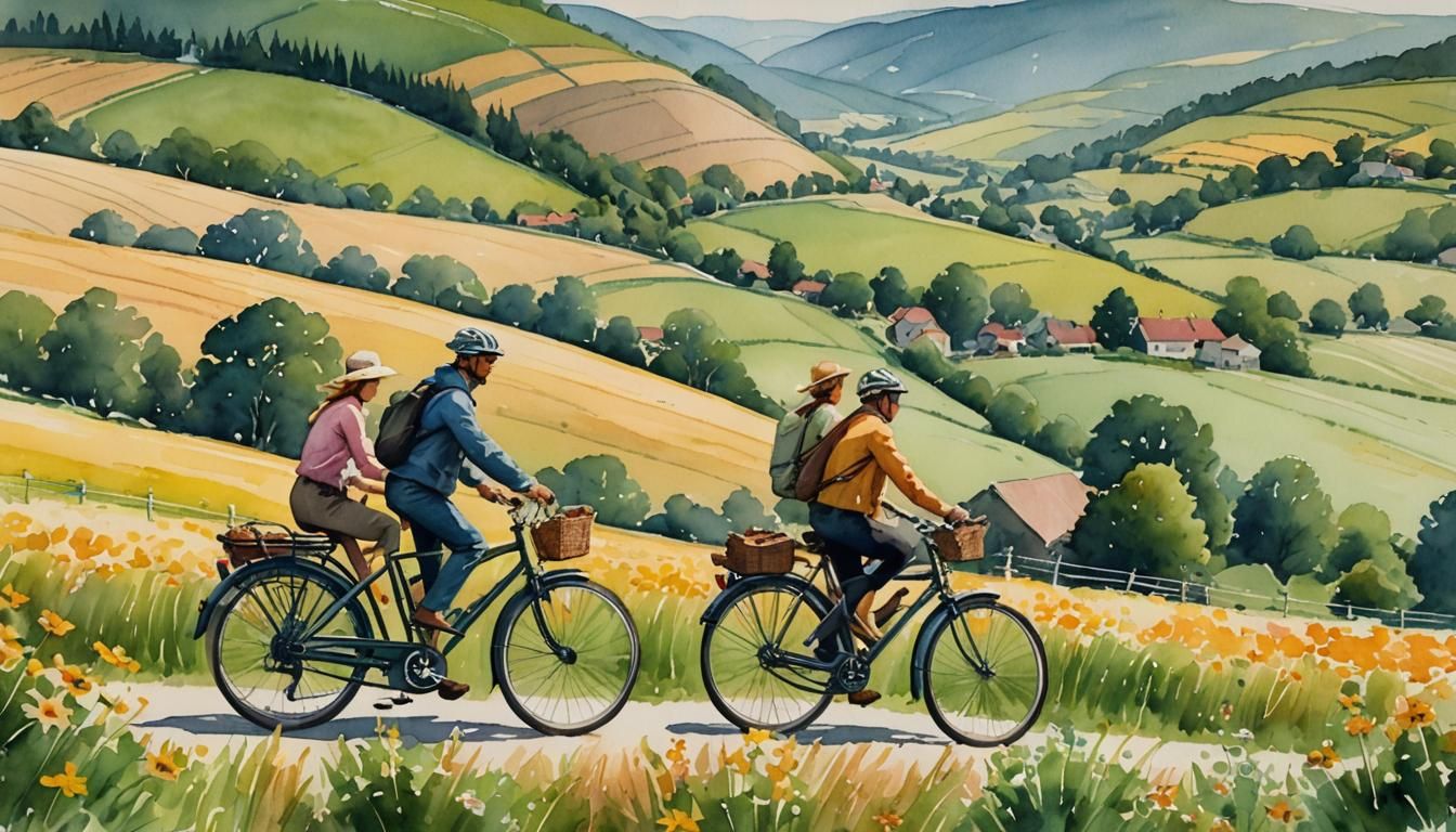 Tandem Bicycle Riders in a Romantic Watercolor Landscape
